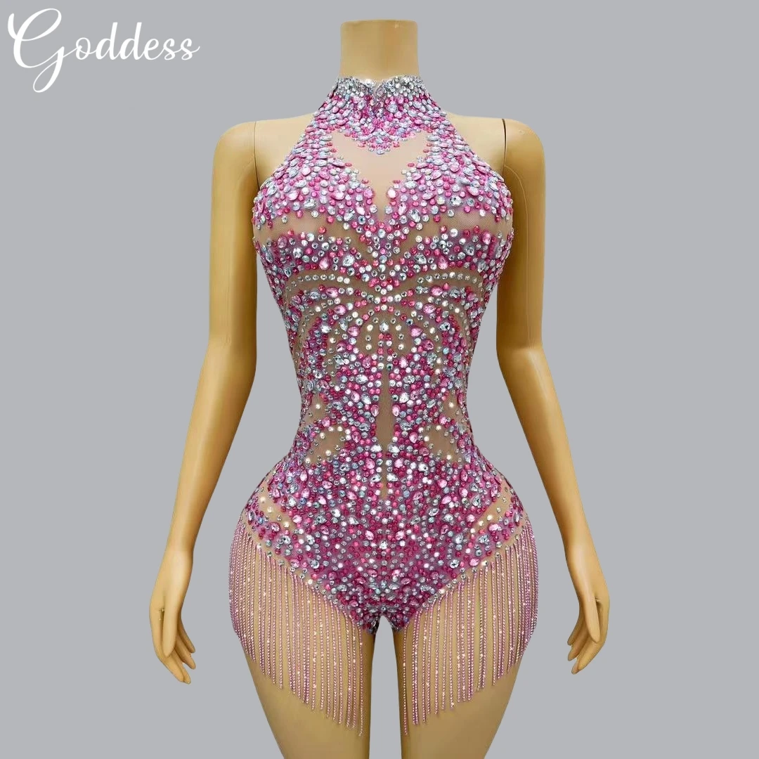 

Sparkly Rhinestones Tassels Pink Bodysuit for Women Sexy Leotard Performance Dance Costume Dancer Stage Outfit Nightclub Wear