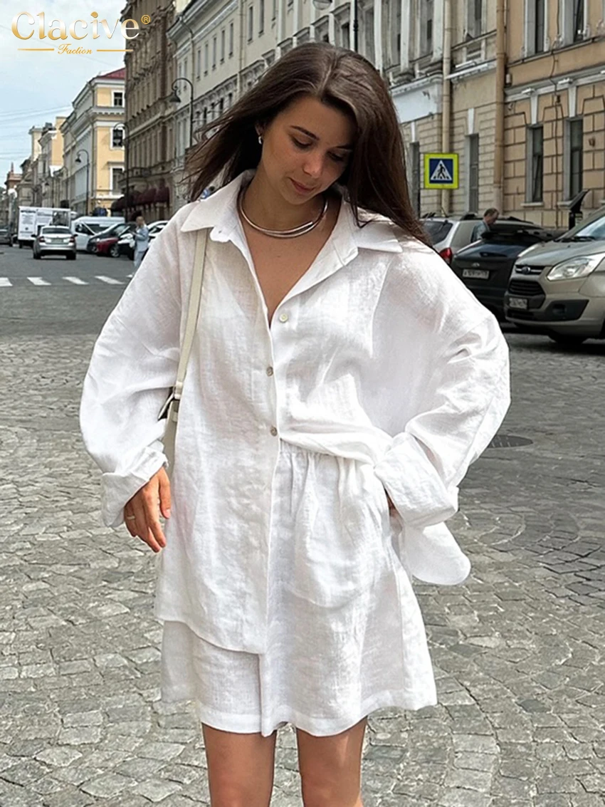 

Clacive Fashion Loose White Linen 2 Piece Sets Women Outfit 2024 Casual Long Sleeve Shirt With High Waist Shorts Set Female