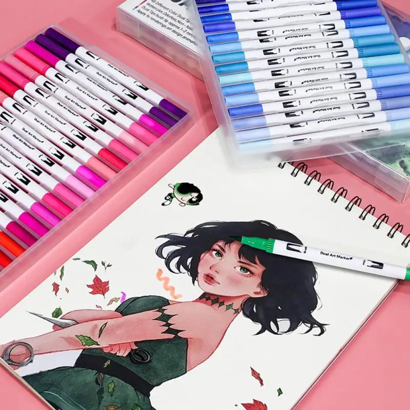 12-100 สี Dual Art Marker Sketching Manga Markers วาดชุดคู่หัวสีน้ําแปรงปากกาเครื่องเขียน