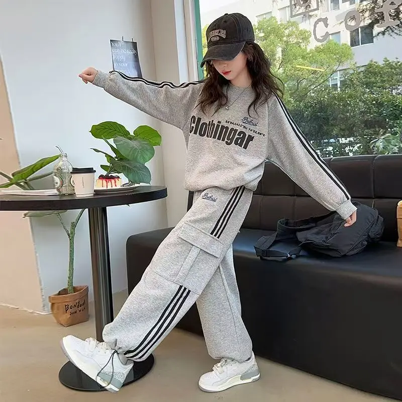 

2025 Teenager Girls Suit Spring Autumn Clothes Long Sleeve Top Sweatshirt Striped & Wide Leg Pants Tracksuit 4-14 Year Child
