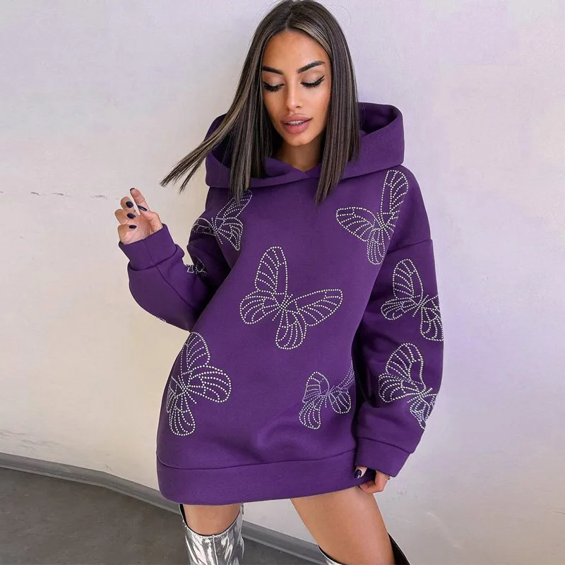 Purple Loose Hoodies Women Long Sleeve Iron-On Butterfly New Diamonds Graphic Hooded Sweatshirts Pullovers With Rhinestone