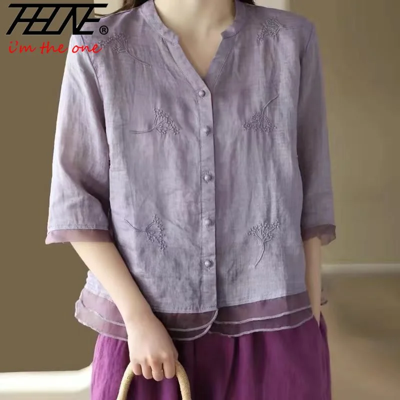 Summer Women\'s Clothing Shirts Blouse Blusa Mujer Casual Camisas Vintage Cotton Linen Button Solid Embroidery Chinese