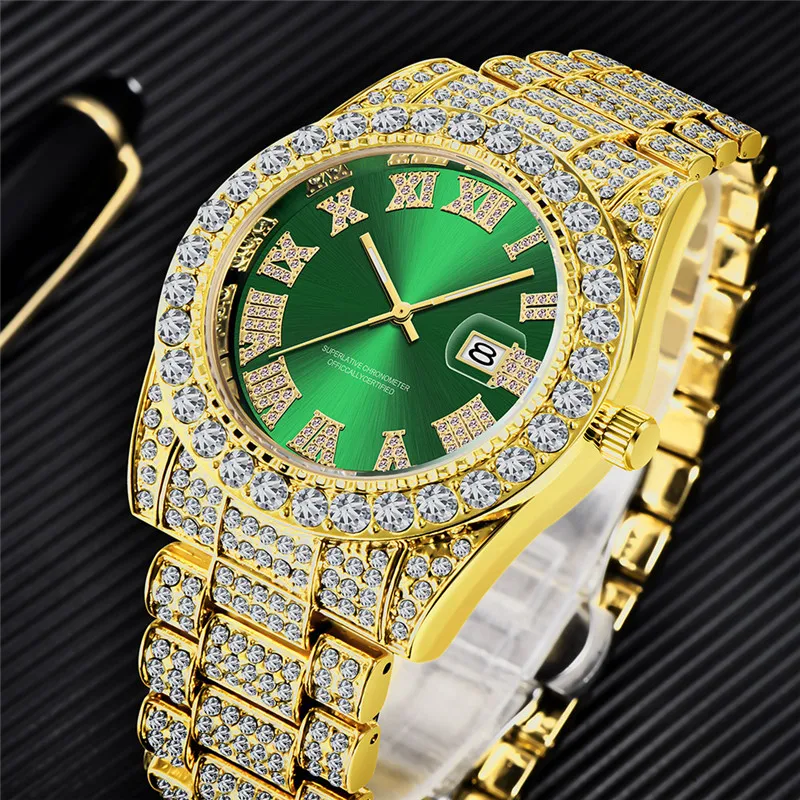 Montre Homme Luxury Brand Watches For Men Hip Hop Diamond Fashion Alloy Band Date Quartz Watch Relogio Masculino Ouro Dourado