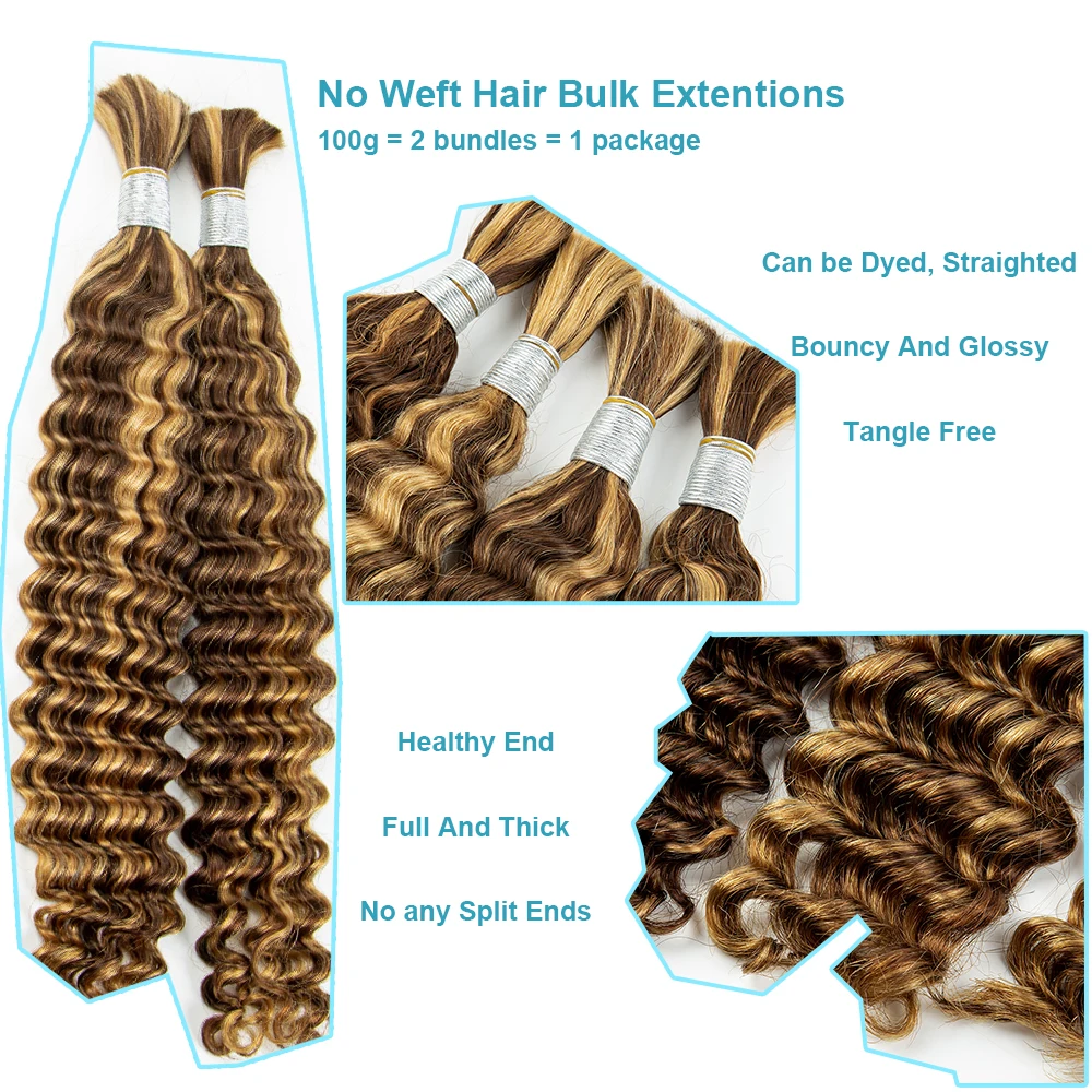 NABI-Brazilian Virgin Hair Extension Bundles, Hair Trançando Bundles, Deep Wave Hair, Bulk Bundle para Tecelagem, Highlight P4/27