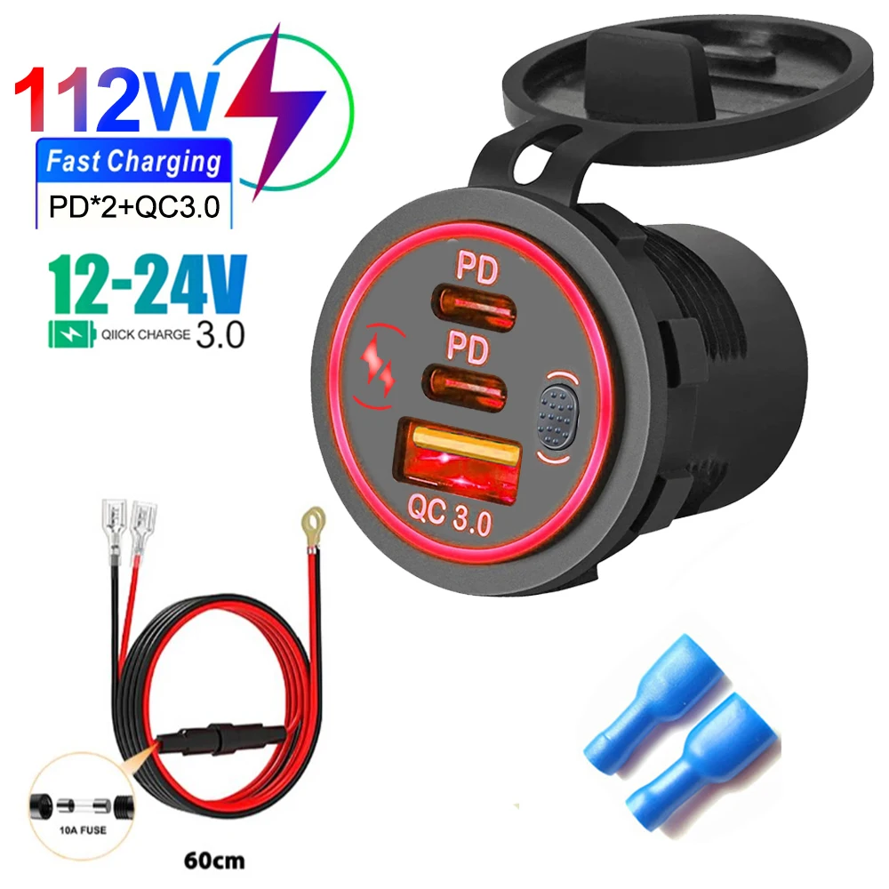Autolader Socket PD3.0 & QC3.0 Dubbele USB C-poorten Waterdicht met LED Touch Switch 78W Snel opladen 12V/24V Voor Moto Adapter