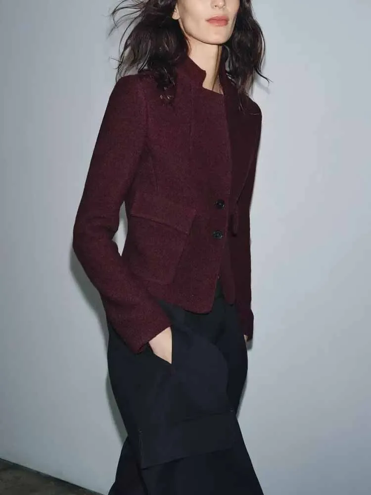 

European and American style winter new fashionable women's casual and elegant simple stand collar long sleeve tweed coat