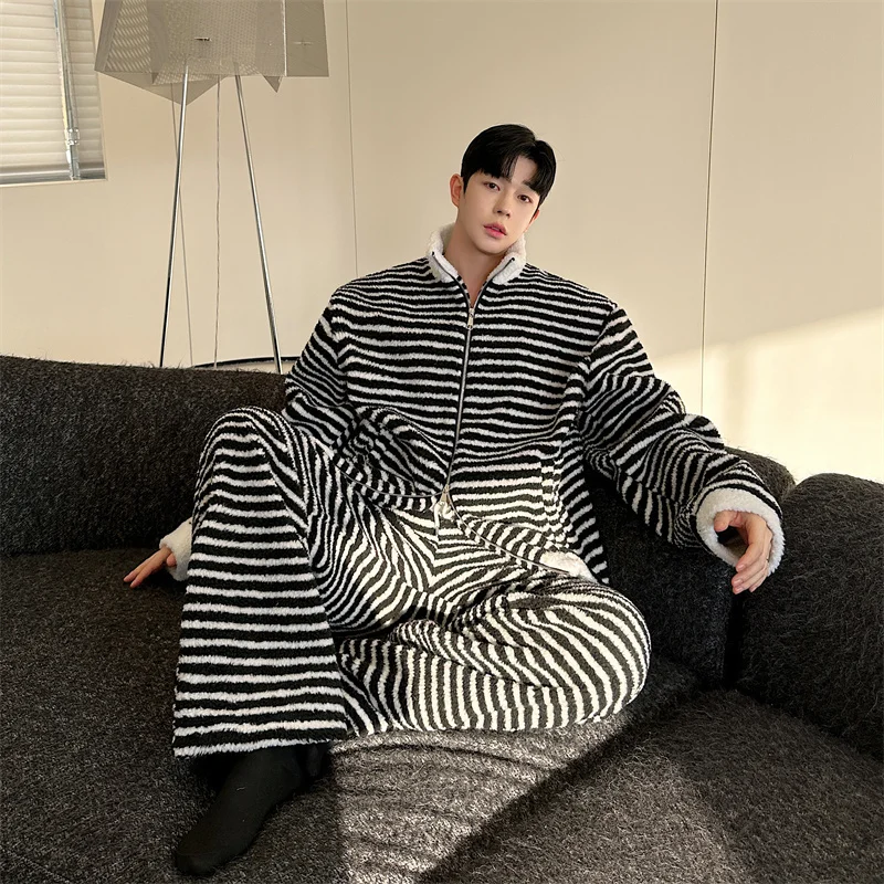 Korean Stylish Striped Suit Men Stand Collar Jacket Loose Wide Leg Straight Casual Pants Lace-up Patchwork Male Set