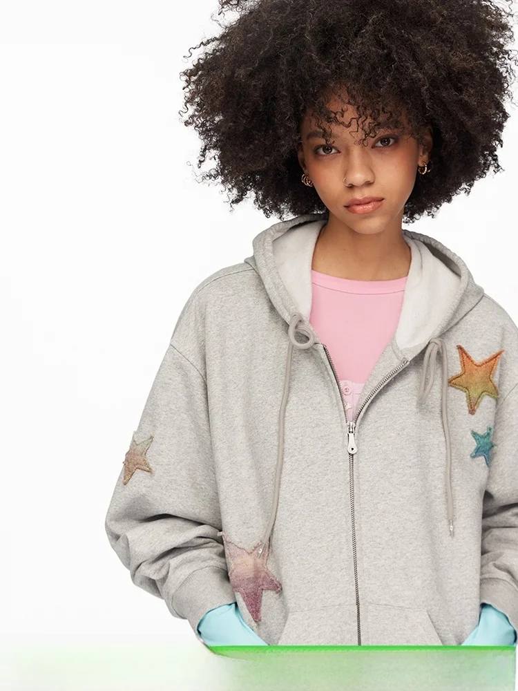 

DNT Early Spring Vintage Shiny Star Patchwork round Neck Sweatshirt Pants Cardigan Set Cotton Blend Zipper Design Unisex