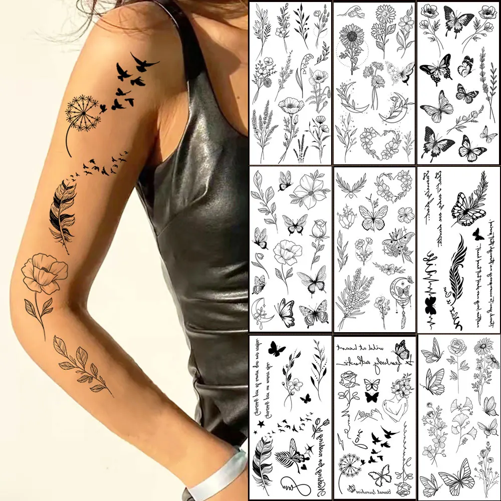 Tatuajes temporales de flores a prueba de agua para mano, cuerpo, pegatinas de tatuaje de plumas de mariposa florales para mujeres y hombres, tatuaje falso de dedo