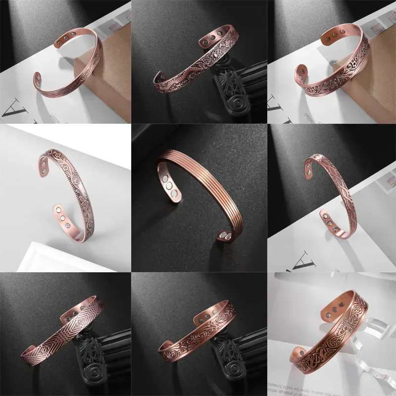 Magnetic Copper Bracelet Ring Set For Men and Women Vintage Flower Energy Cuff Bracelet Healthy Energy Ring