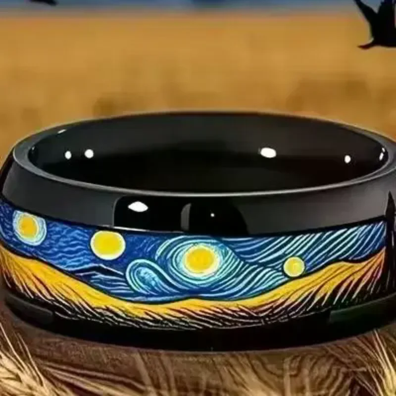 Unique Starry Night Pattern Black Men's Ring Unisex Wedding Band Jewelry Personality Party Accessory for Women