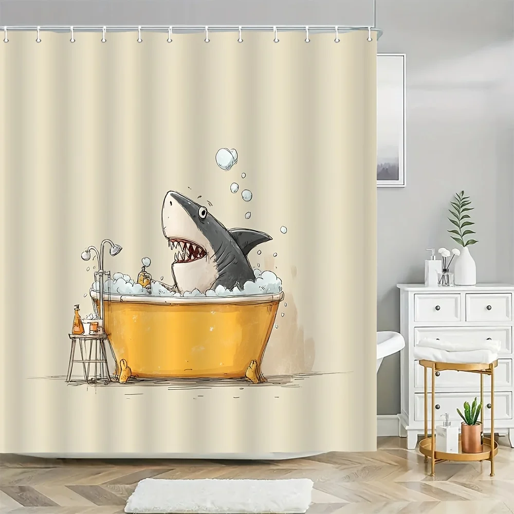 Funny Shark Bath Time Shower Curtain Cute Ocean Animal Bathroom Decor Novelty Shower Curtain