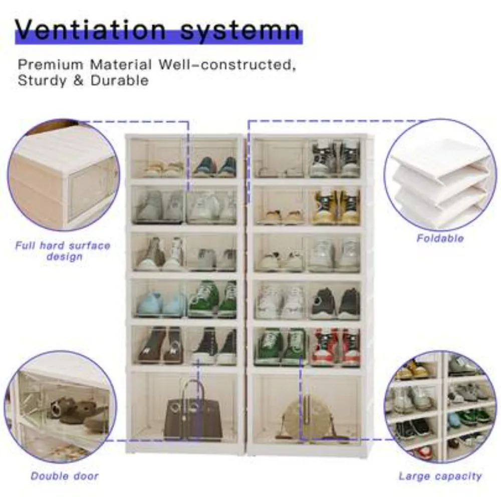 9 Tier Foldable Shoe Cabinet Storage Organizer Holds 36 Pairs Clear Plastic Collapsible Stackable Shoe Boxes Large Capacity Portable Closet Shelving Unit for Hallway Entryway Living Room Bedroom Dorm view 7