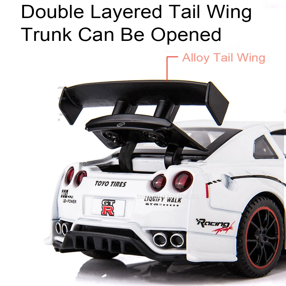 1:32 GTR R35 R34 Legering Modellen Speelgoed Diecast Miniatuur Auto's 4 Deuren Geopend Geluid Licht Trek Voertuigen Volwassen Verzamelen Hobby's
