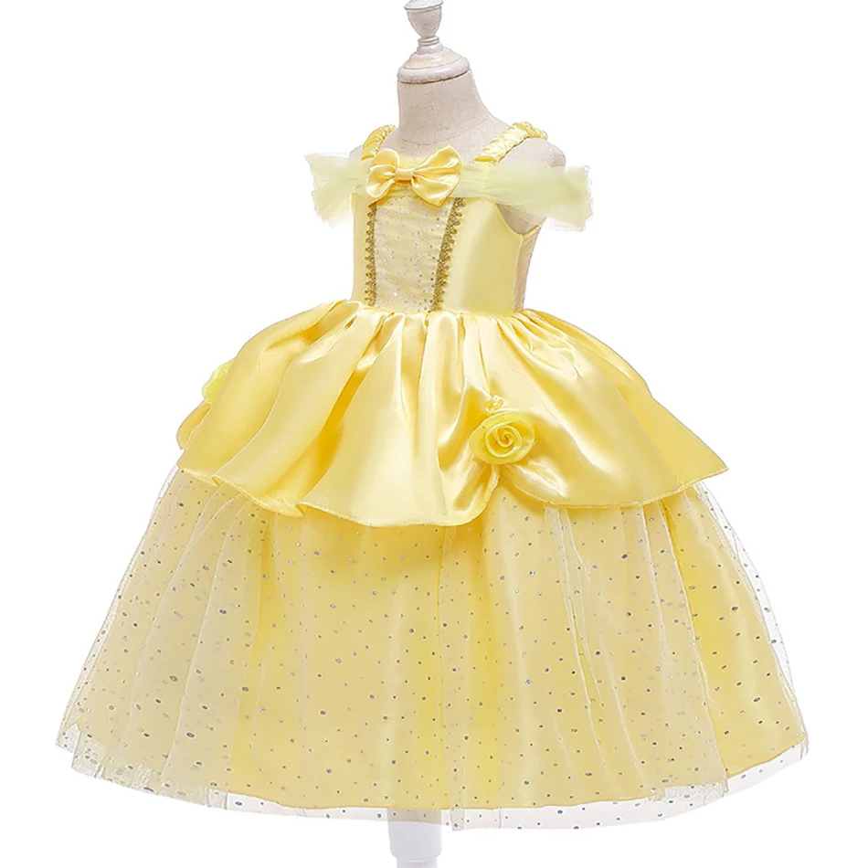 Vestido de princesa bella para niñas, ropa de fiesta amarilla, disfraz de corona de palo mágico, 2023