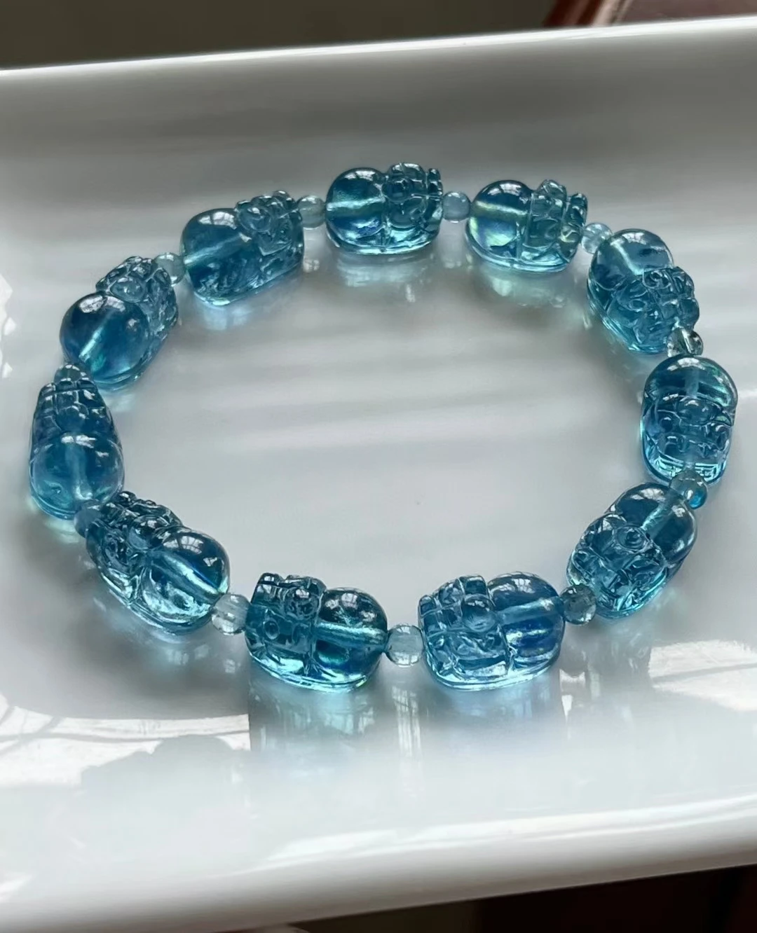 Natural Blue Aquamarine Round Beads Bracelet Pi Xiu 12.8*8.5mm For Women Men Brazil Stretch Blue Aquamarine Jewelry AAAAA