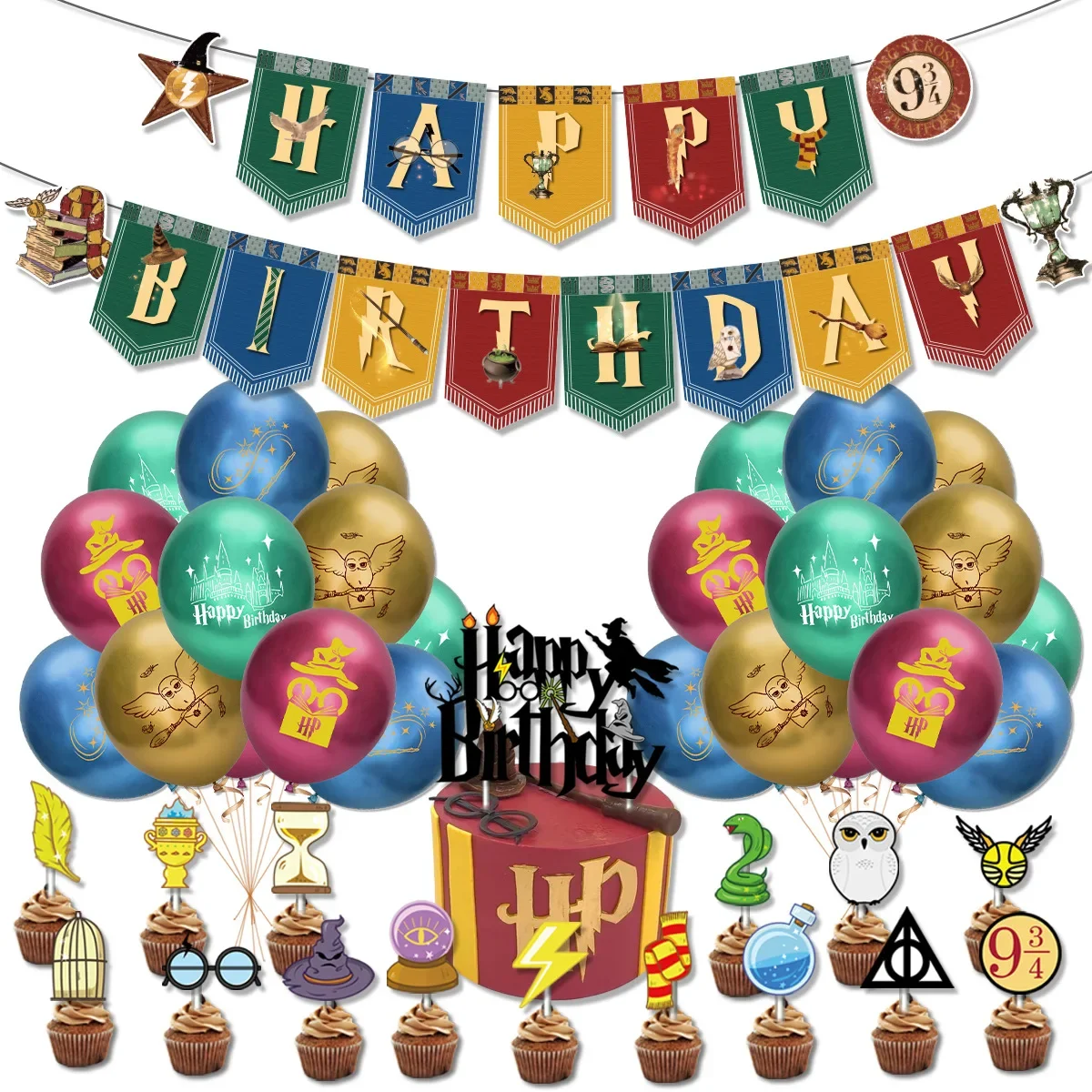 Cartoon Magic Academy Birthday Party Supply Disposable Banner Cake Topper Hanging Flag Balloons Set Hot Harries Decoration