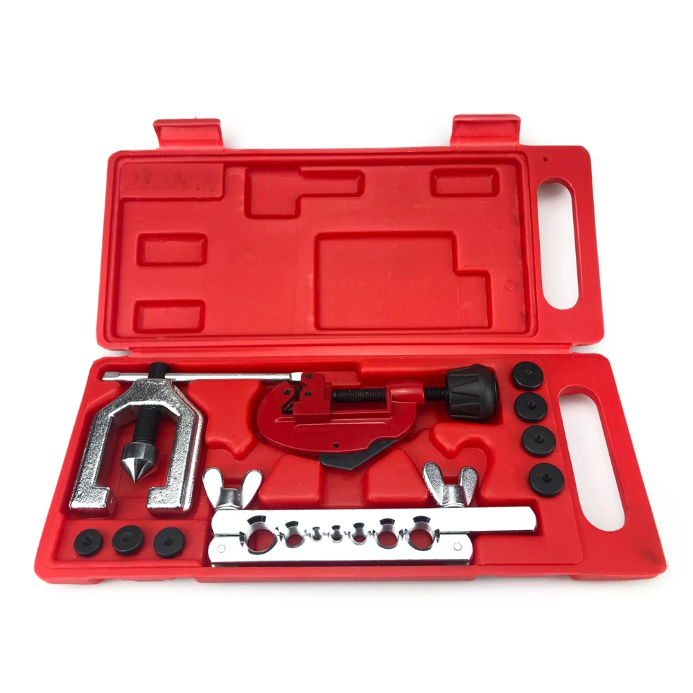 2025 9 Uds Kit de herramientas de abocardado de doble tubo, doblador de tubos, reparación de tuberías, mecánico, freno, fontanero, aluminio, cobre, latón, juego de herramientas de bengalas