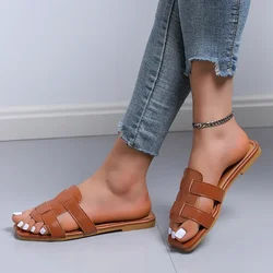 New 2024 Summer Women's Leather Pu Slippers Woman Fashion Designer Roman Flat Sandals Latex Soft Sole Shoes Female Sandals