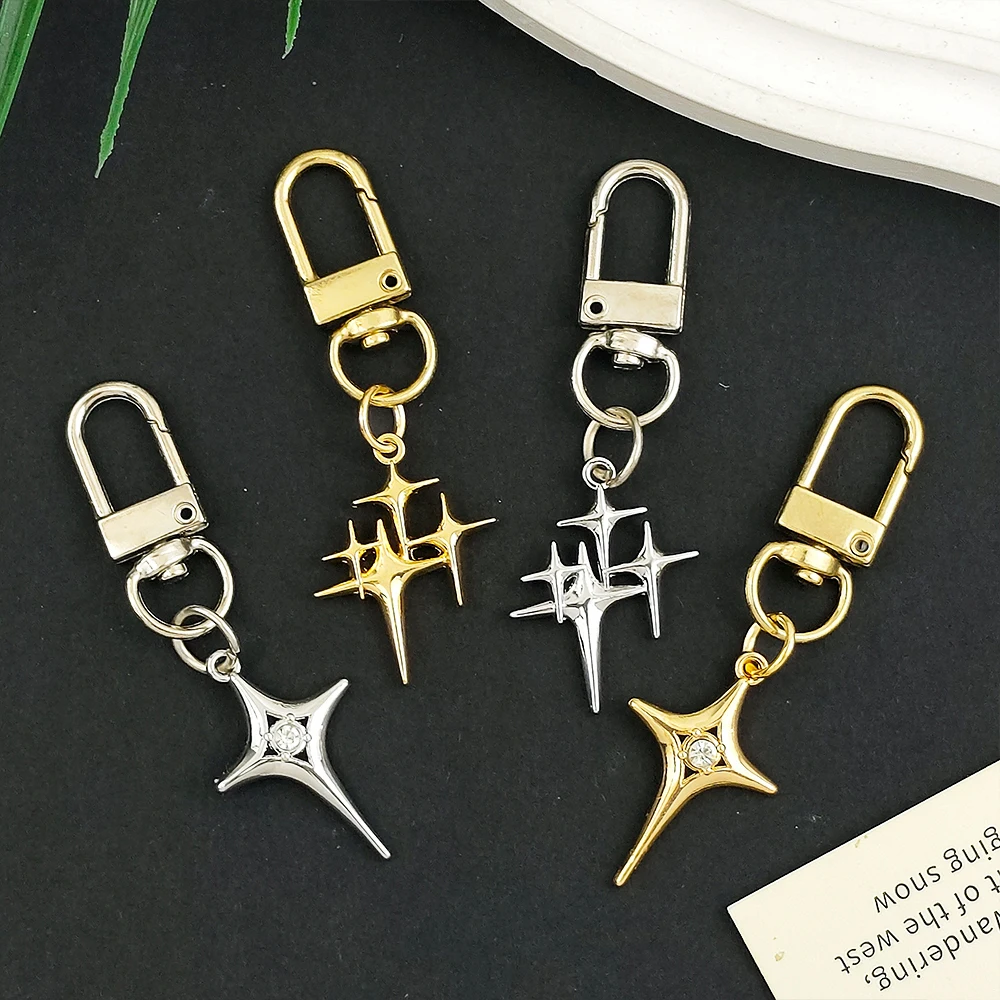 Sliver Color Star Moon Keychain Metal Four-pointed Star Pendant Keyring Bag Earphone Case Accessories for Women Friendship Gift