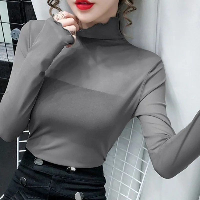 Woman T-shirt Lace 2024 Mesh Tee Turtleneck Clothing Plain Top For Women Offer High Quality Tshirt Spring And Autumn 2000s Emo