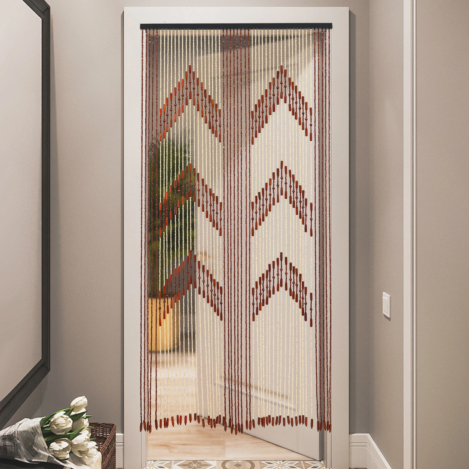 

Vintage Style 52 Strands Wood Beaded Curtain, Natural Bamboo Doorway Divider Room Partition, 190x90cm Hanging Decor for Bedroom