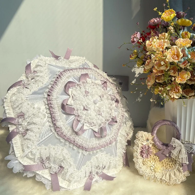 Lolita Princess Parasol Purple Lace Frill Umbrella Cute Maiden Decorative Accessory Romantic Photoshoot Prop for Cosplay Party