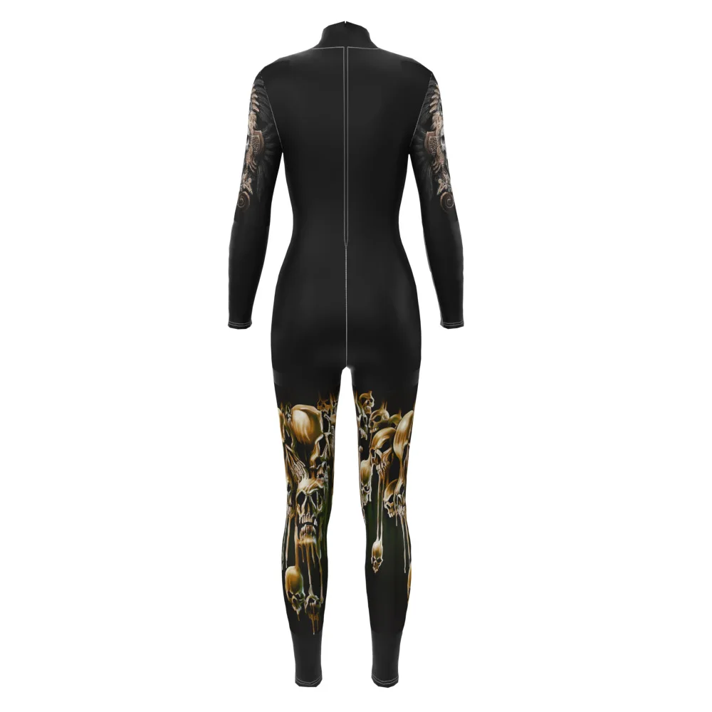 Iootiany Halloween Party Cosplay Costume Women Smoke Skull Print Bodysuit Adult Cyberpunk Gothic Bodysuit One-piece Costume 2025