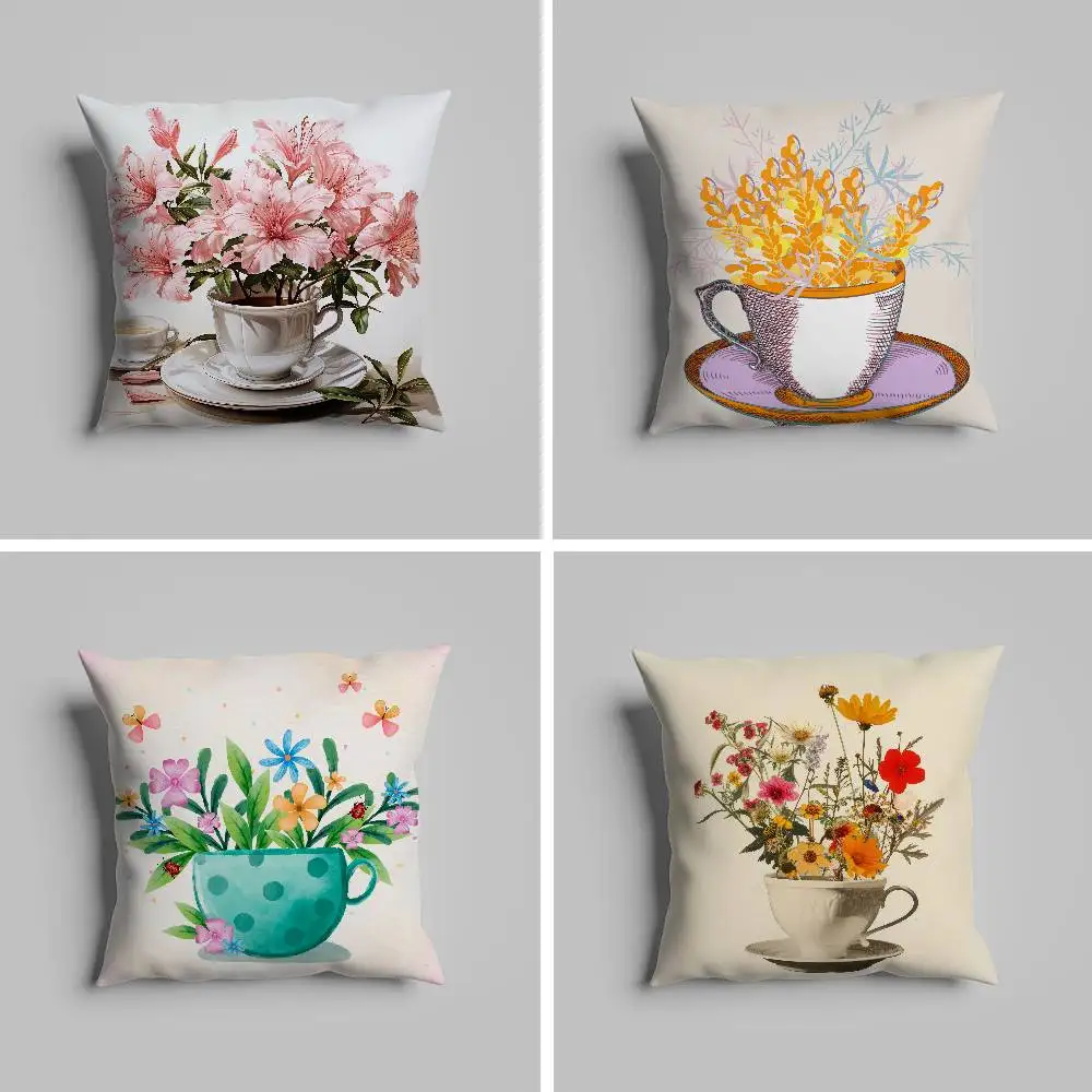 

Painting Cup Of Flowers Pillow Case Pillowcase For Car Pillows 60x60 Cushions Luxury Double Sided Cover Home And Decoration Sof