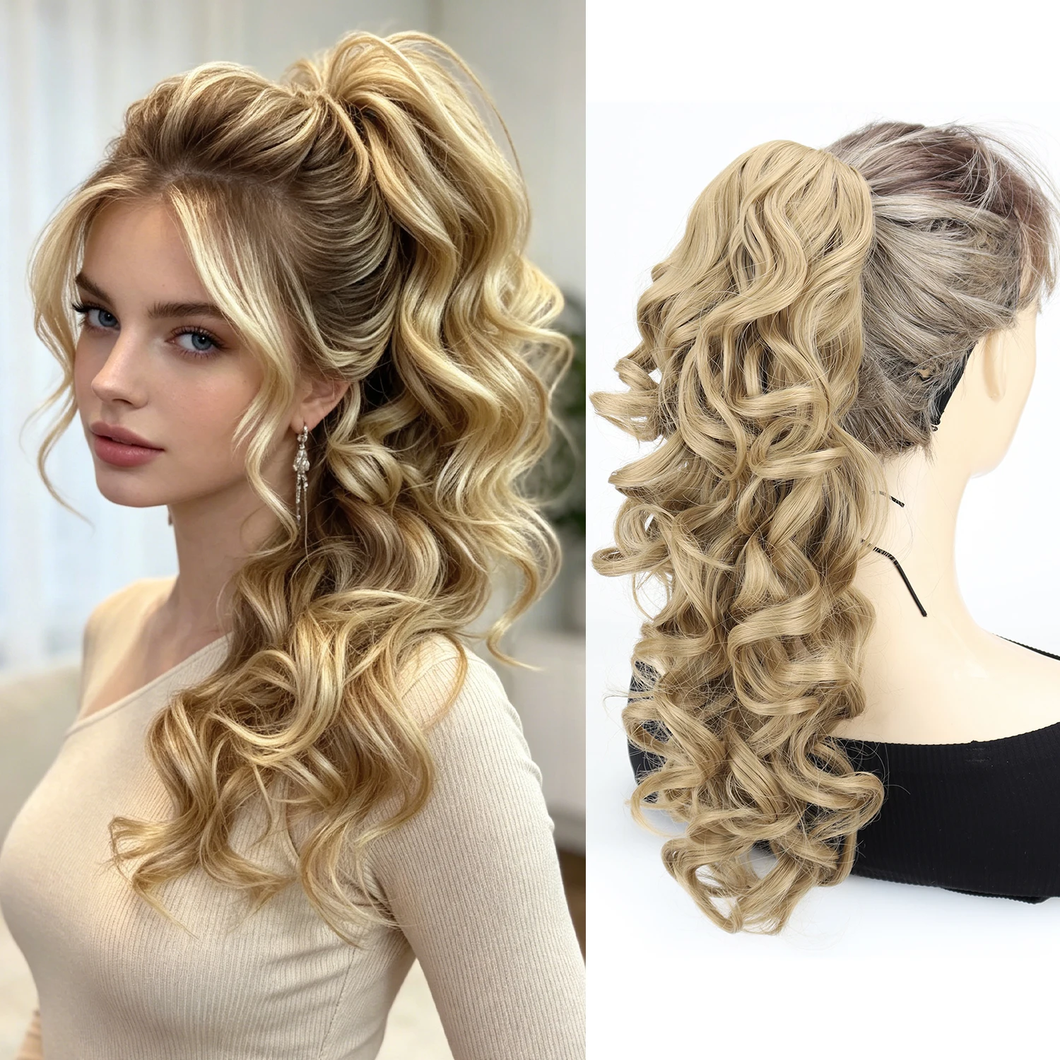 

16Inch Synthetic Wavy Claw Clip Ponytail Fluffy Messy Curly Black Brown Ponytail Hair Extensions For Women