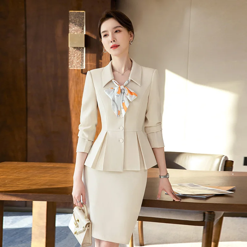 2024 New Spring Female Elegant Women\'s Skirt Suits Apricot Navy Blue Blazer +Trouser Bussiness Jacket Office Lady 2 Pieces Set