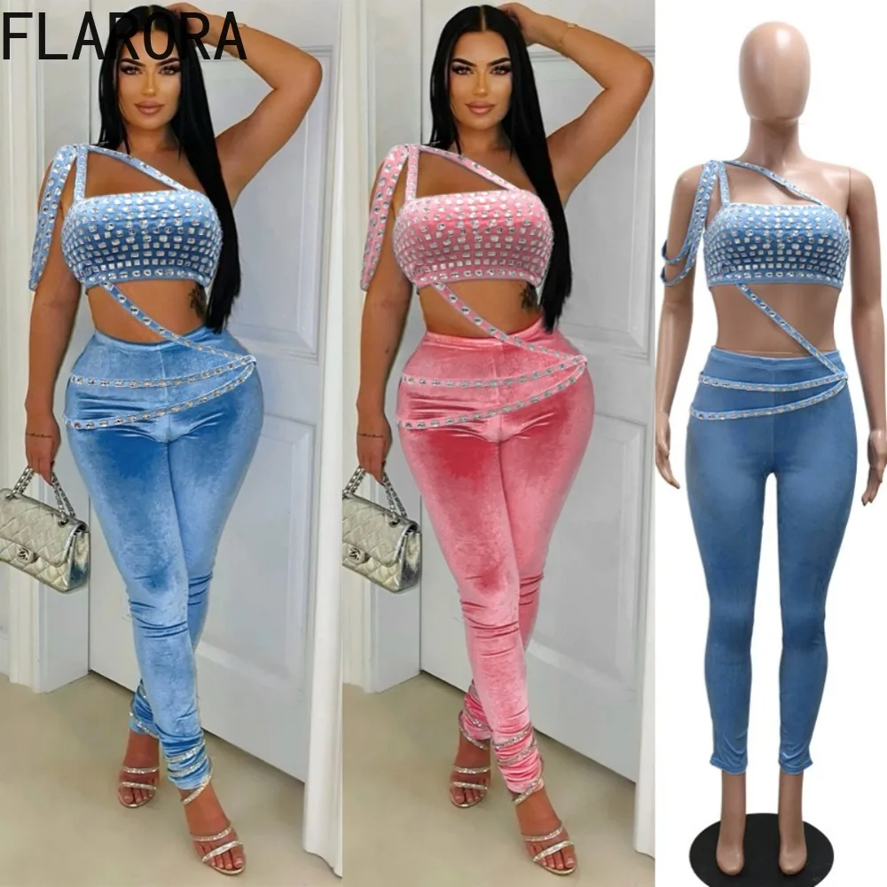 

FLARORA Elegant Diamonds Velvet 2 Piece Sets Woman Strapless Sleeveless Crop Tops And Pencil Pants Outfits Sexy Party Clubwear