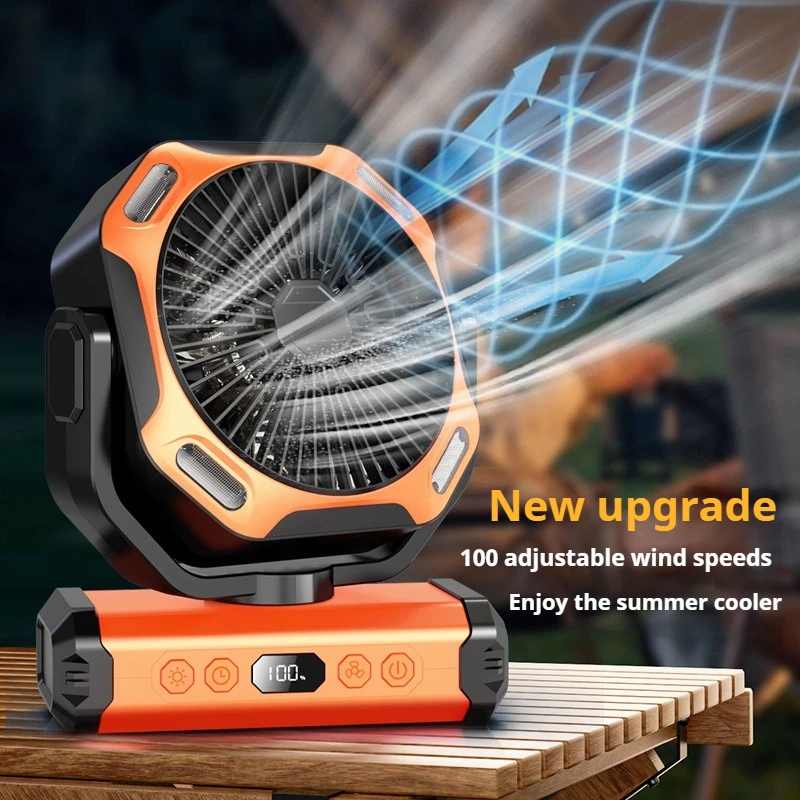 مروحة خارجية متعددة الوظائف مع إضاءة LED ومروحة معلقة أو قائمة لاسلكية قابلة لإعادة الشحن بقدرة 10000 مللي أمبير في الساعة