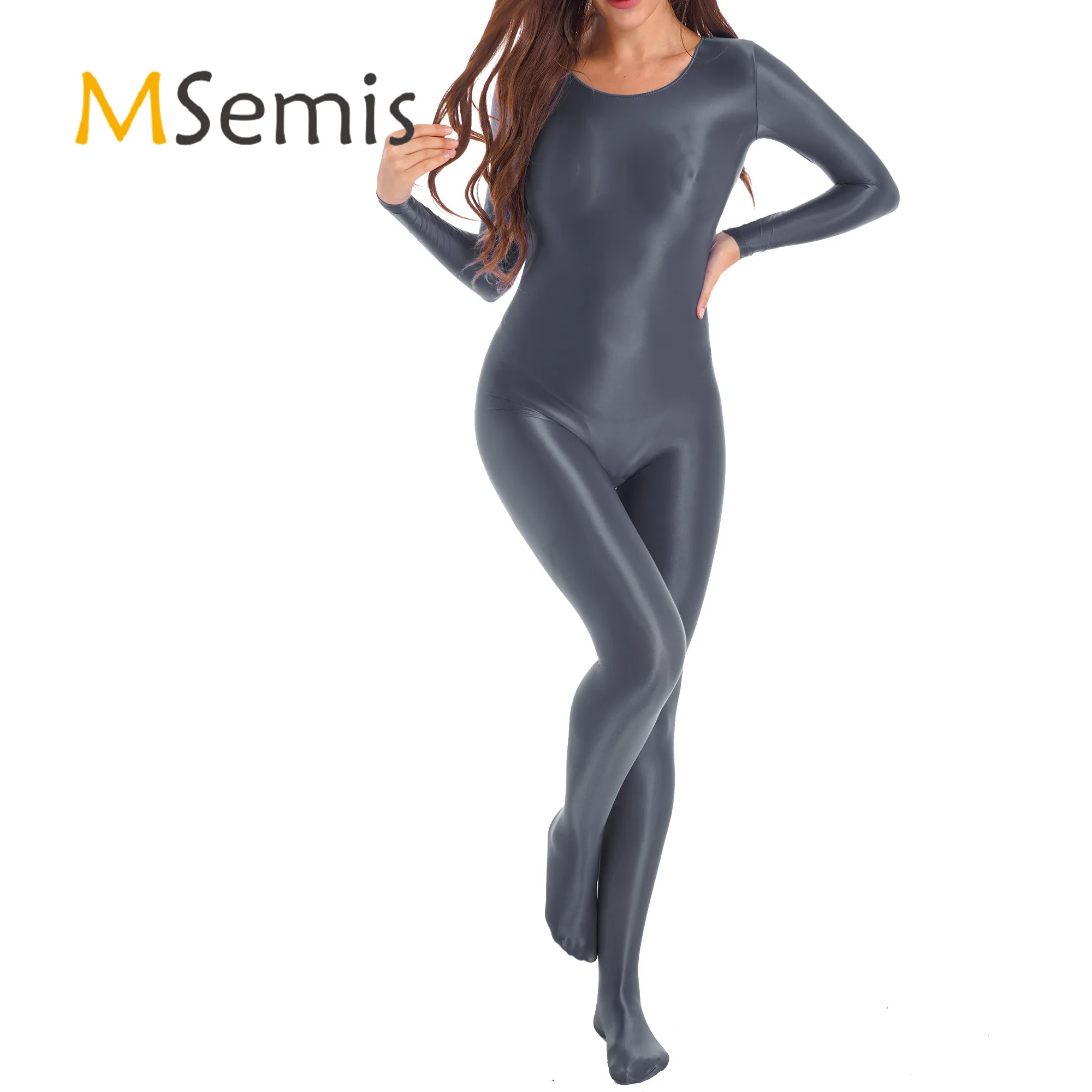 

Womens Solid Color Round Neck Bodysuit Smooth Long Sleeve Bodystocking Nightwear Gymnastics Exercise Yoga Sports Fitness