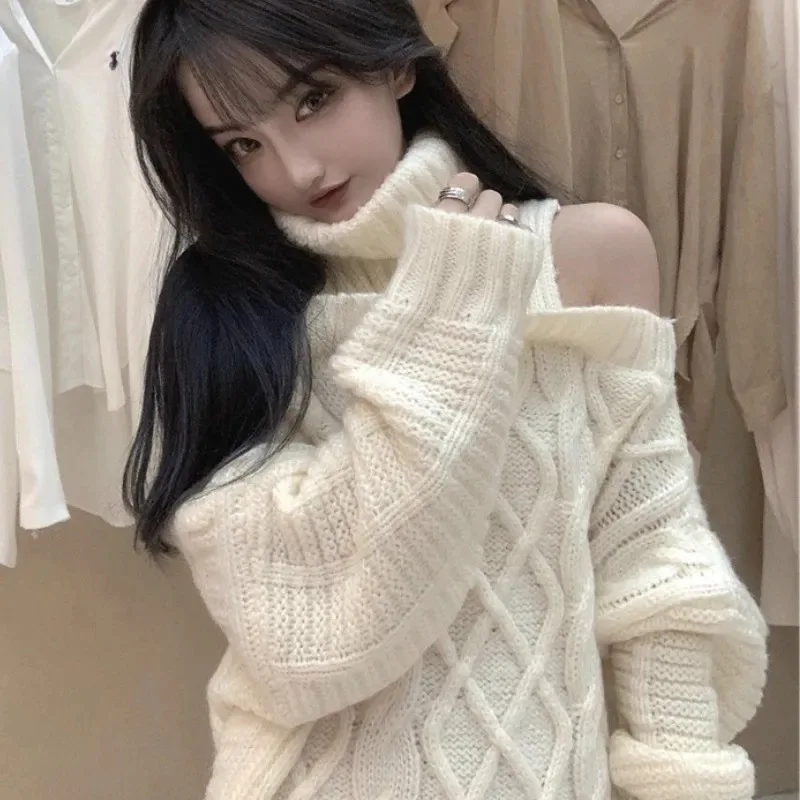 Autumn Winter Korean Style Women Turtleneck Knitted Sweaters Fashion Wild Knitwear Outwear Female Sexy Off Shoulder Pullovers