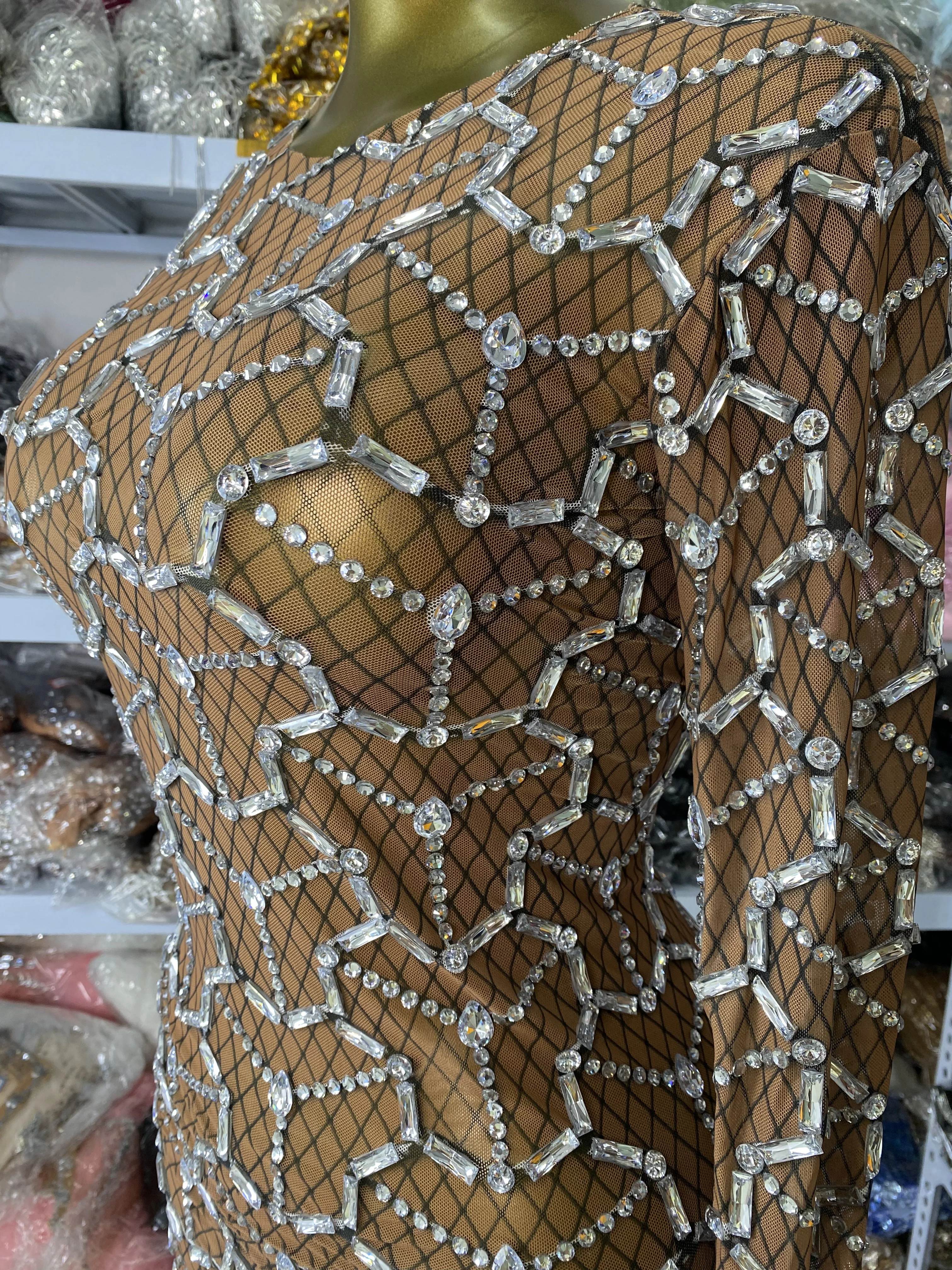 Women Luxury Printed Shiny Rhinestones Brown Mesh Long Sleeve O-Neck Bodycon Mini Celebrity Evening Club Party Dress Costumes