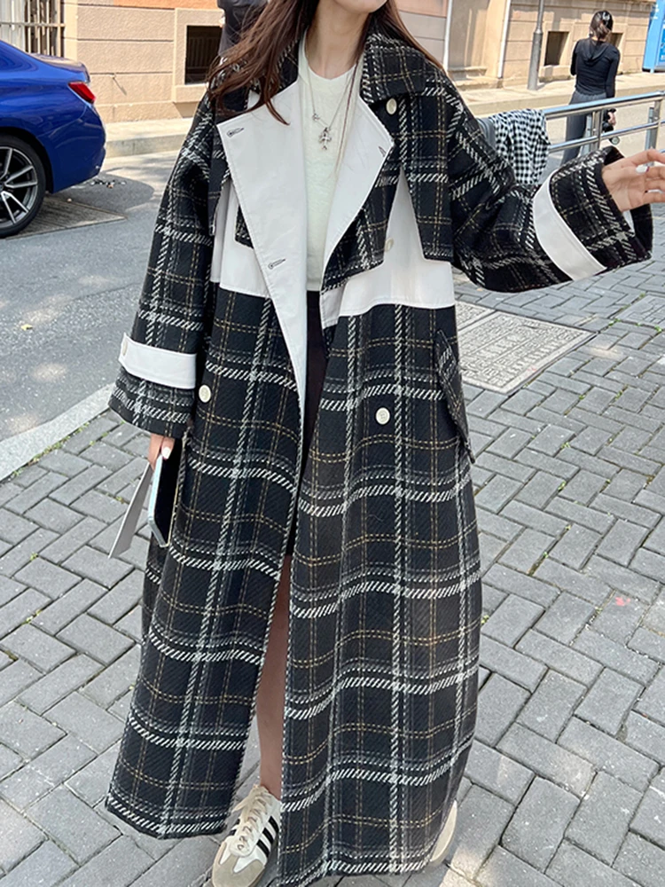 YERMORA Plaid Color-Block Belted Woolen Coat Loose Fit New Lapel Long Sleeve Women Jacket Fashion Tide Autumn Winter 2024