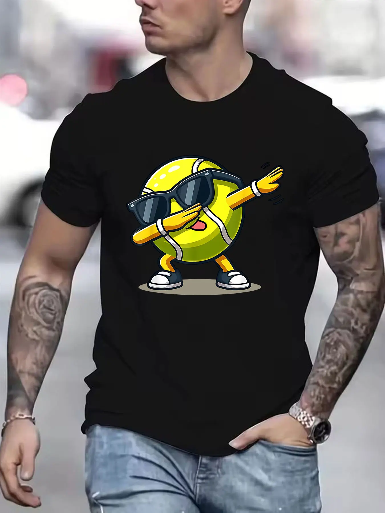 

Crew Neck Short Sleeve Athletic T Shirt 1Pcs All Season Use With Cool Tennis Ball Character Motif Digital Print 220g Heavyweight