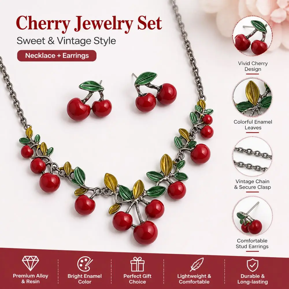 Red Cherry Necklace Set Dangling Charms Jewelry Accessories Cherry Jewelry Set Vintage Style Collarbone Necklace