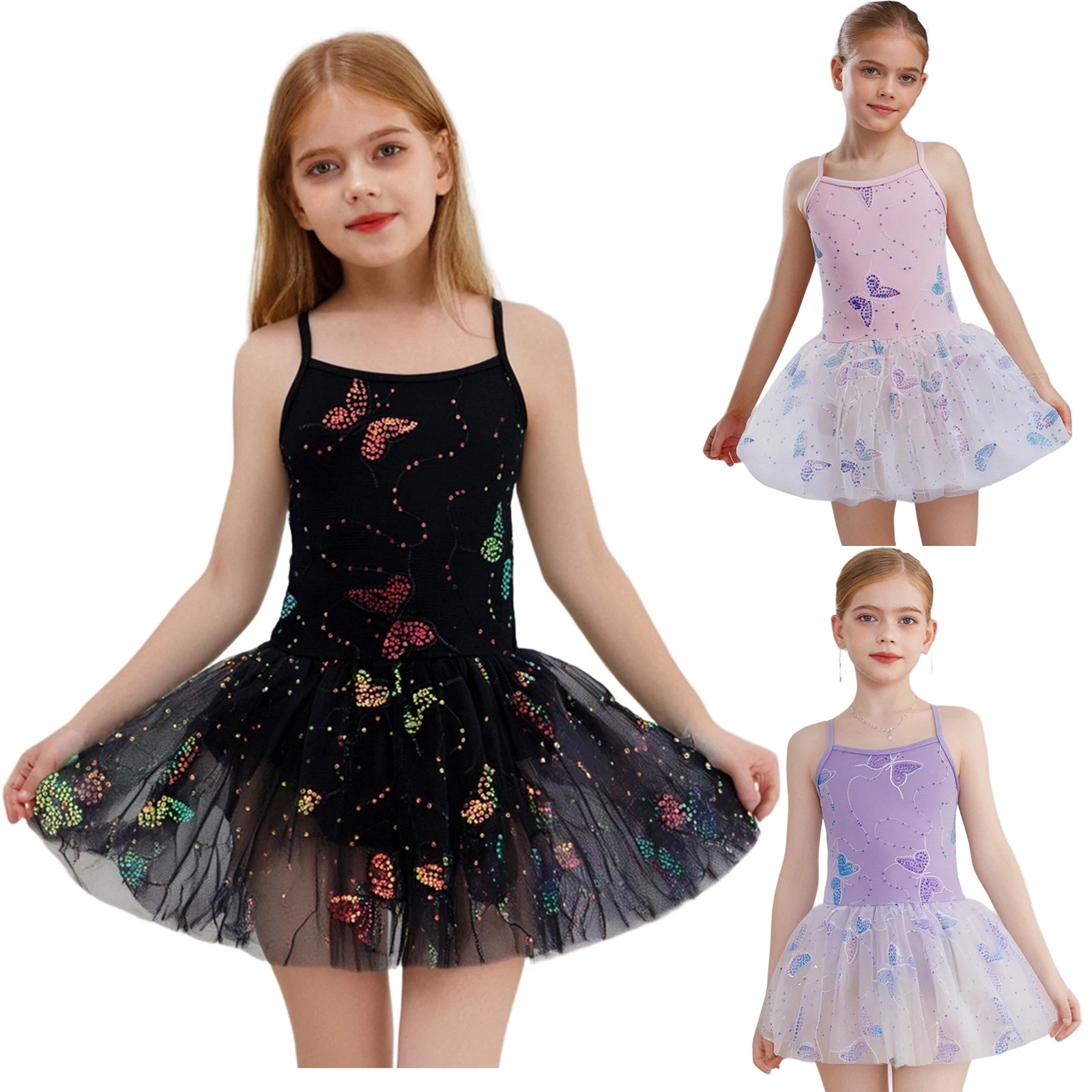 

Black Ballet Dress Kids Dance Leotard Girls Stage Performance Wear Cross Back Sequin Butterfly Embroidery Dress+Built-in Briefs