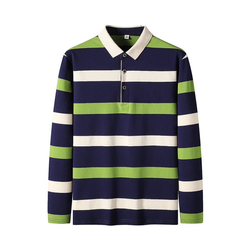 

Fashion Stripe Long Sleeve Polo Shirts For Men Autumn Outdoor Street Business Casual Top Loose Button Lapel Comfortable Clothing