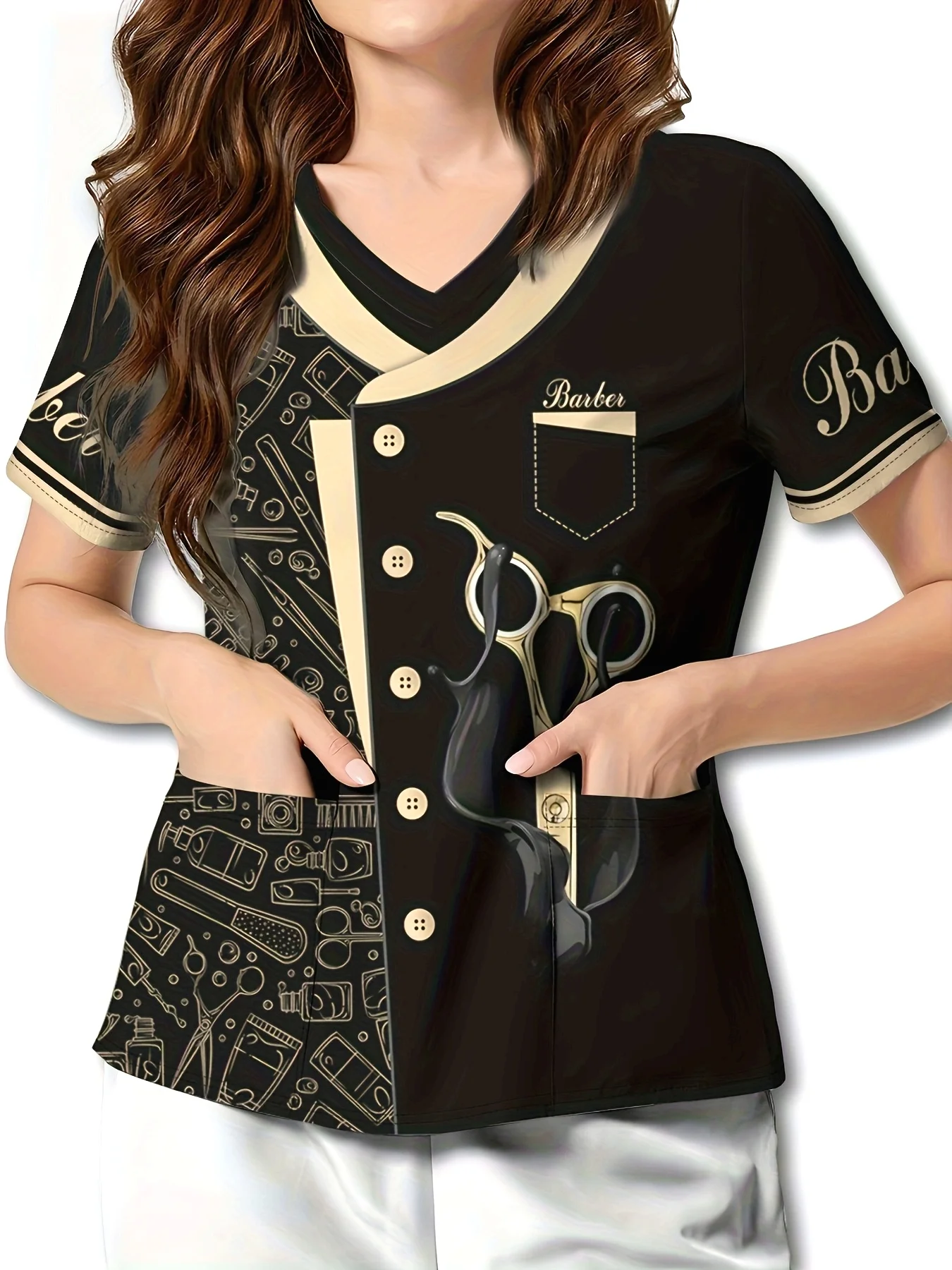 

2025 Women's Summer Clothes Stylish Barber Uniform - Black V-Neck T-Shirt with Scissors Comb Print Perfect for Hairdressers