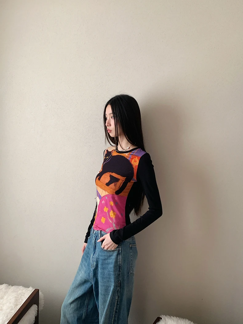 CHEERART Cat Funny Graphic T Shirts Long Sleeve Top For Woman Illustration Print Patchwork Cute Tees Designer Clothes 2025