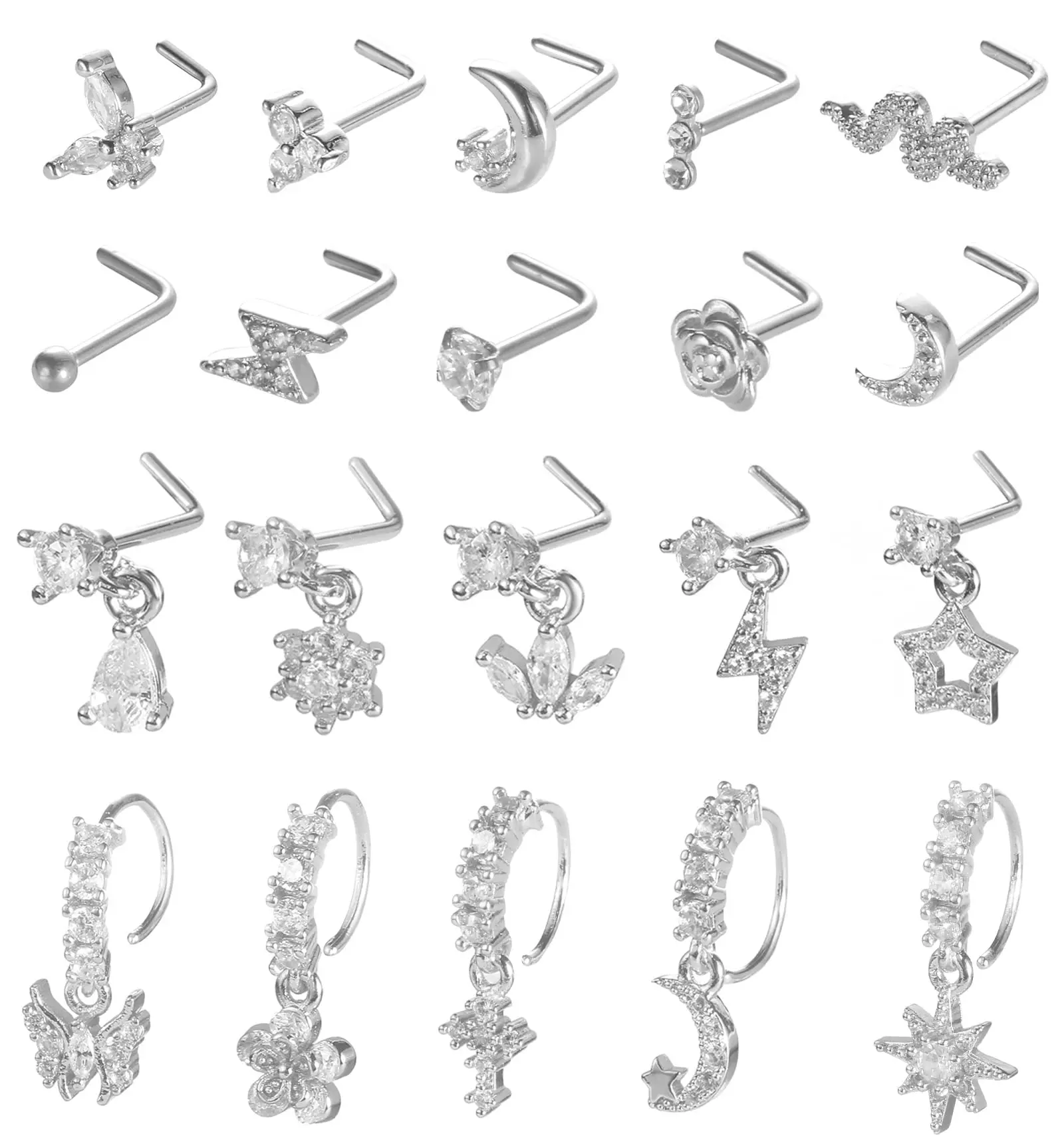 

20Pcs 20G Dangle Nose Ring L Shaped Dangling Nose Stud for Women Nose Ring Studs CZ Flower Dangle Nose Rings Hoops Nose Piercing