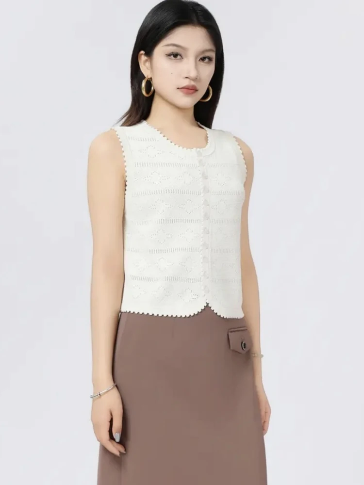 

Женский вязаный жилет Koja с круглым вырезом, ажурный, с кружевной отделкой, открытый кардиган, дышащий, тонкий, летний, новинка