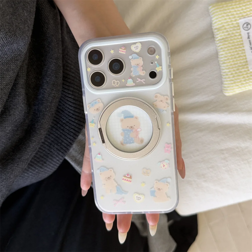 Korea Cute Cartoon Bear Magnetic Stand Phone Case For iPhone 18 Pro 16 15 17 Pro Max Cover Cute Cases For Magsafe iPhone 18 Pro