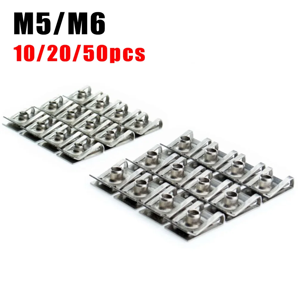 10/20/50pcs M5/M6 Car Spring Steel U Type Clips With Thread Reed Nuts For Auto Motorcycle Scooter ATV Moped
