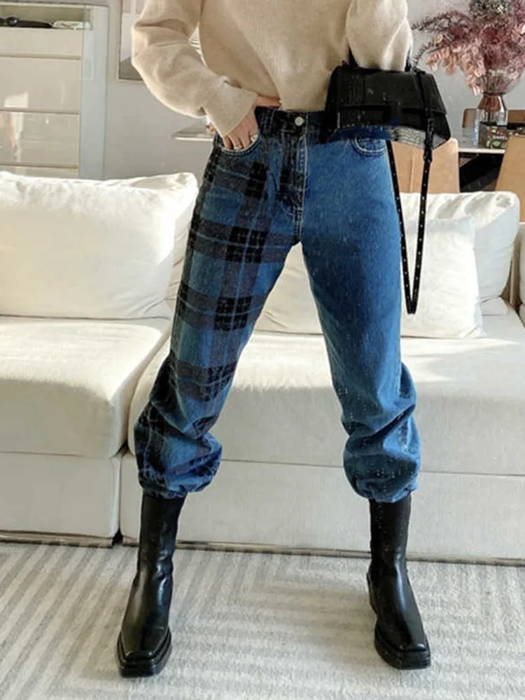 VGH Hit Color Patchwork Pocket Denim Trousers For Women High Waist Spliced Button Minimalist Casual Straight Pants Female New