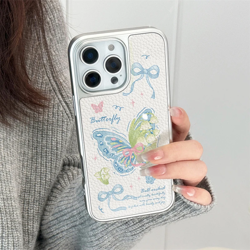 حافظة هاتف على شكل فراشة زرقاء لهاتف آيفون 11/12/13/14/15/16/17 Pro Max AIR PLUS حافظة هاتف إيبوكسي مصنوعة من جلد البولي يوريثان #5