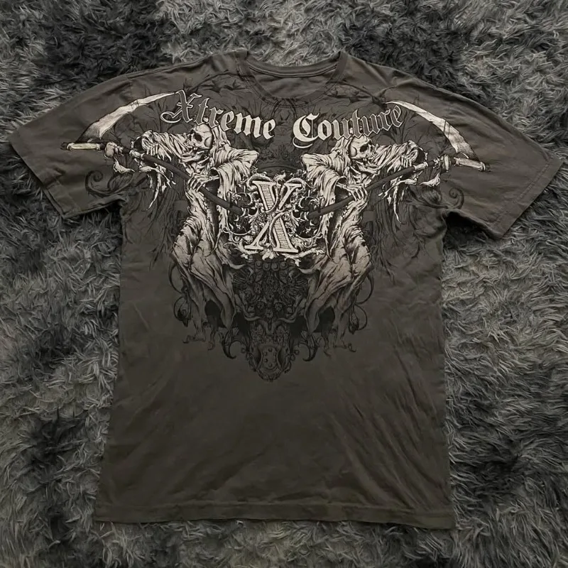 

Grim Reaper Printed Short Sleeve Man Xtreme Grey Retro Streetwear T-shirt Y2K American Fashion Harajuku Summer Primer Tops